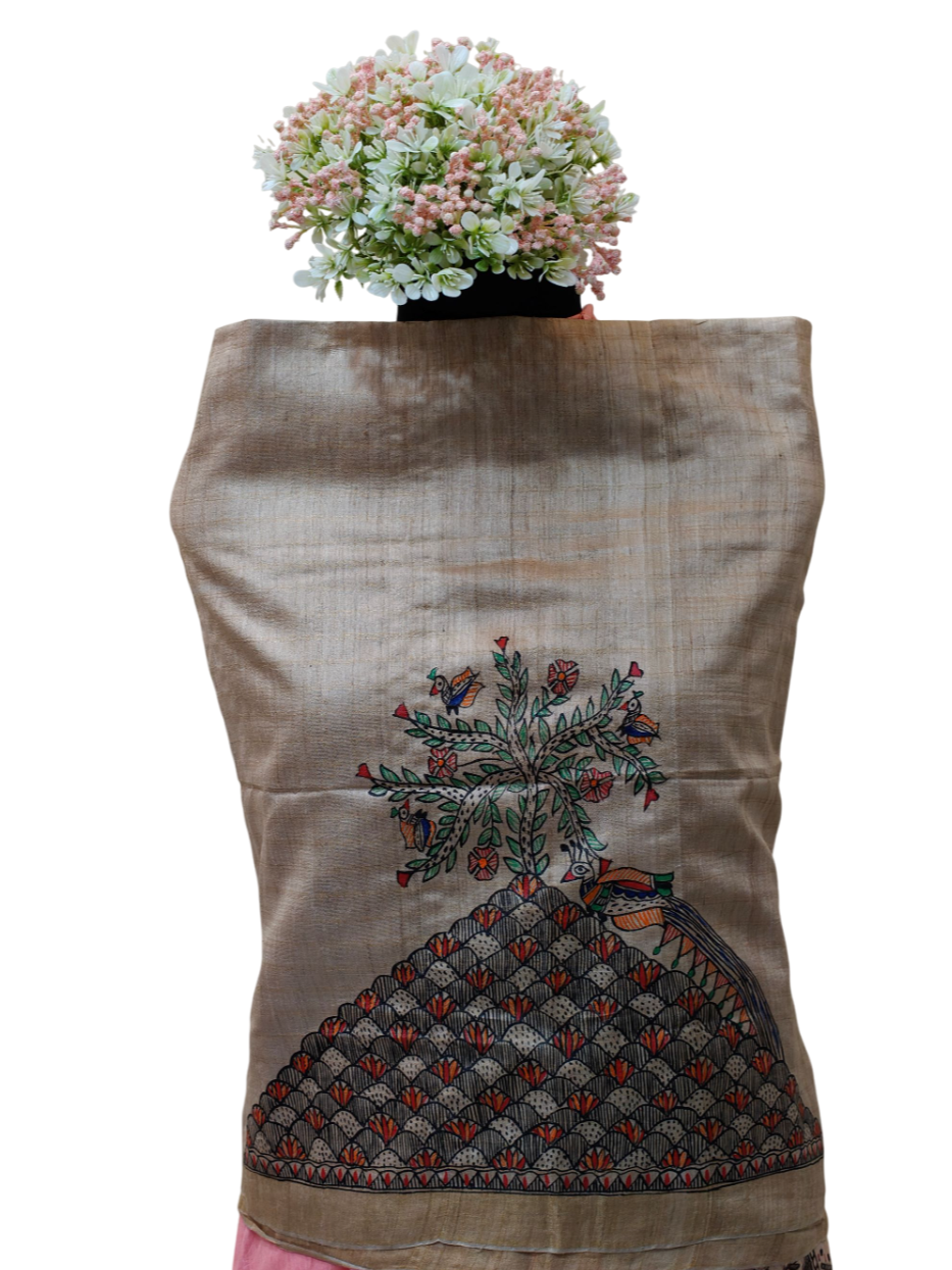 Hand-Painted Madhubani Blouse Piece on Tussar Munga Silk – Tree of Life